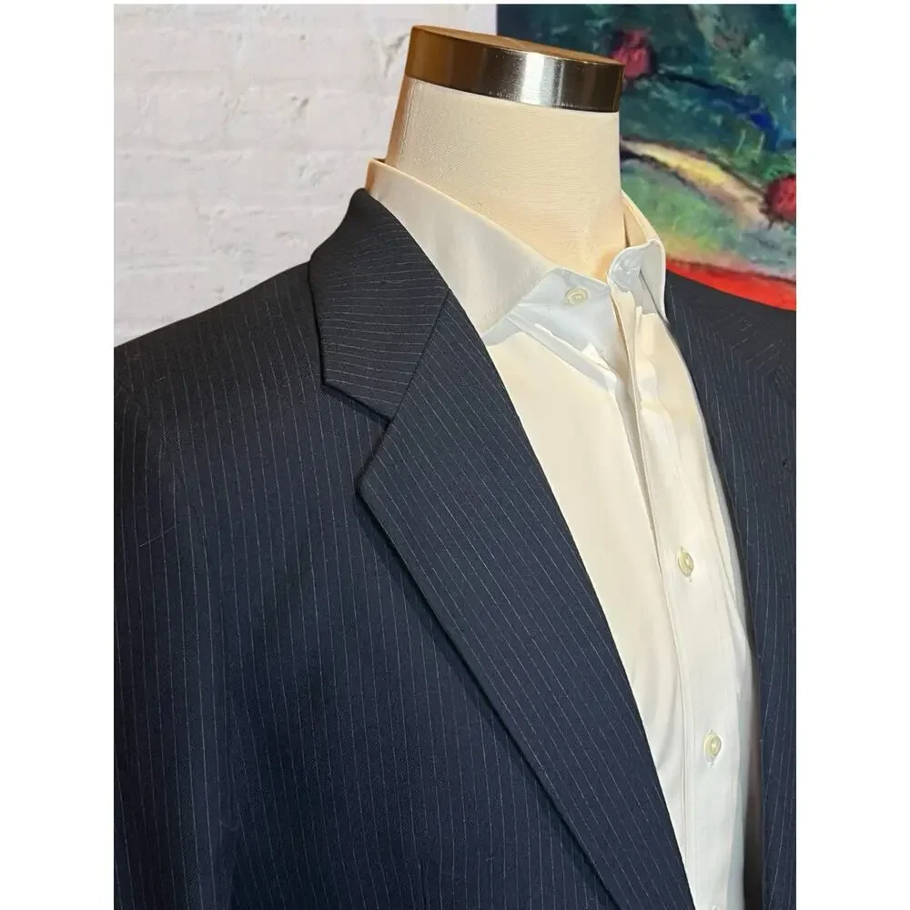 Vtg Yves Saint Laurent France 40L Navy Blue Tonal Stripe Flannel Blazer